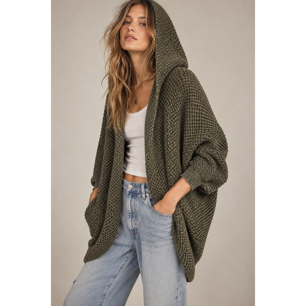 Free People Hooded Cocoon Cardigan Olive Green Waffle Knit Sweater Small Boho